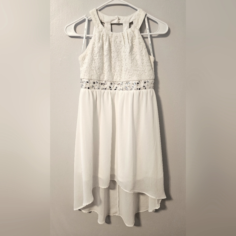 Sequin Hearts Girls white lace strappy formal dress w/ rhinestones Size 12